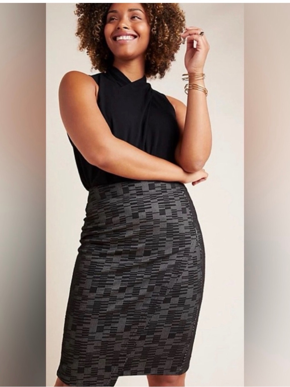 Anthropologie Maeve Black Geometric Print Faux Wrap Pencil Skirt Size M